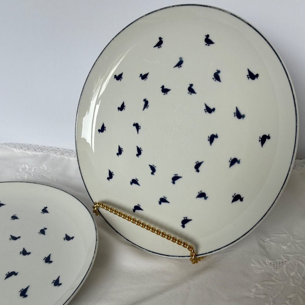 Shafford Dinner Plates Set of 2 White Blue Ducks Fine Porcelain 10.25" Vintage